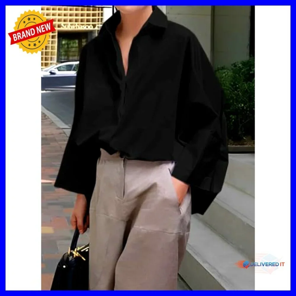 Women's 3/4 Sleeve Button Down Blouse Loose Fit V-Neck Collared Top - Picture 2 of 7